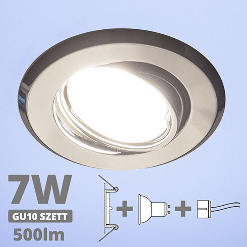 LED szpot szett: króm bill. keret + 7 Wattos, hideg fehér GU10 LED lámpa + GU10 csatlakozó (kettesével rendelhető)