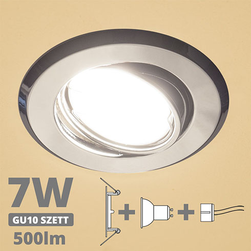 LED szpot szett: króm bill. keret + 7 Wattos, meleg fehér GU10 LED lámpa + GU10 csatlakozó (kettesével rendelhető)
