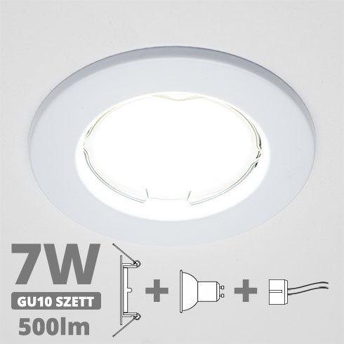LED szpot szett: fehér keret + 7 Wattos, természetes fehér GU10 LED lámpa + GU10 csatlakozó (kettesével rendelhető)