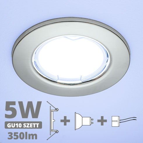 LED szpot szett: króm keret + 4.5 Wattos, hideg fehér GU10 LED lámpa + GU10 csatlakozó (kettesével rendelhető)