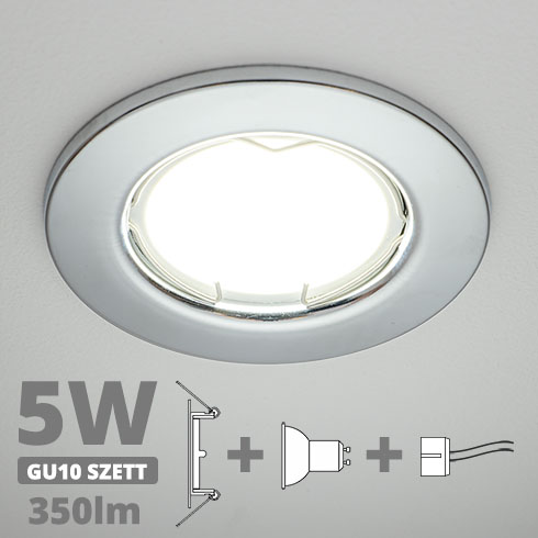 LED szpot szett: króm keret + 5 Wattos, természetes fehér GU10 LED lámpa + GU10 csatlakozó (kettesével rendelhető)