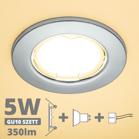 LED szpot szett: króm keret + 5 Wattos, meleg fehér GU10 LED lámpa + GU10 csatlakozó (kettesével rendelhető)