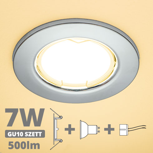 LED szpot szett: króm keret + 7 Wattos, meleg fehér GU10 LED lámpa + GU10 csatlakozó (kettesével rendelhető)