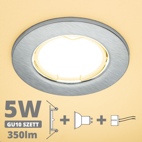 LED szpot szett: mattkróm keret + 5 Wattos, meleg fehér GU10 LED lámpa + GU10 csatlakozó (kettesével rendelhető)