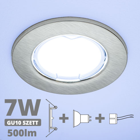 LED szpot szett: mattkróm keret + 7 Wattos, hideg fehér GU10 LED lámpa + GU10 csatlakozó (kettesével rendelhető)