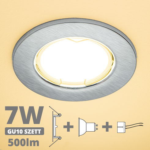 LED szpot szett: mattkróm keret + 7 Wattos, meleg fehér GU10 LED lámpa + GU10 csatlakozó (kettesével rendelhető)