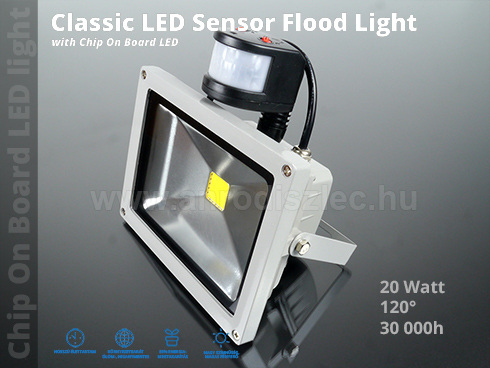 Mozgásérzékelős LED reflektor (20W/120°) Meleg fehér