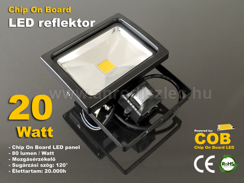 Mozgásérzékelős LED reflektor (20W/COB/120°) Hideg