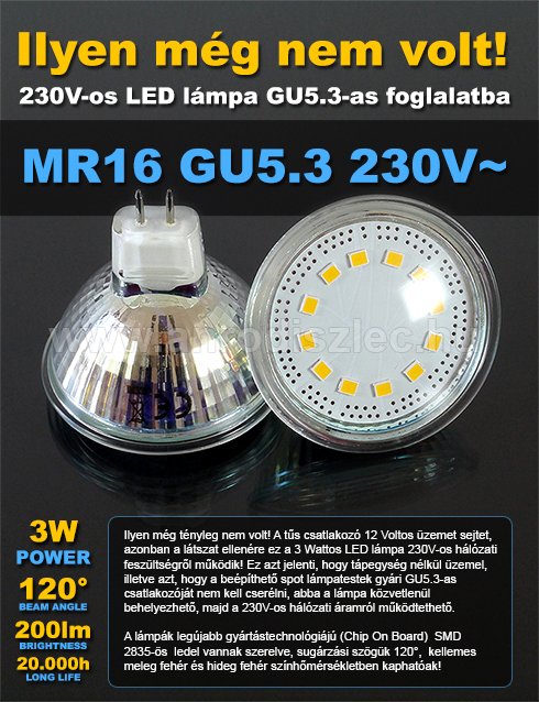 LED lámpa MR16 (COB2835x12/3W/120°) meleg fehér