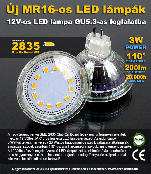 LED lámpa MR16 (COB2835x12/3W/110°) meleg fehér (2 db)