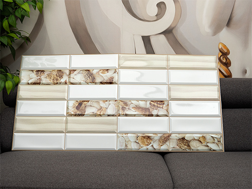 Flexpanel PVC falburkoló lap - Metró csempe, Homokos part csempe, aranybarna fugával