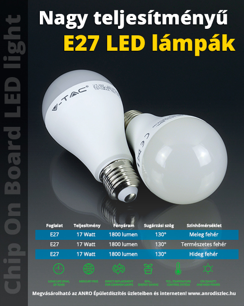 LED lámpa E27 (17W/130°) Körte - meleg fehér