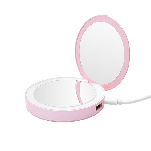 Hordozható sminktükör LED világítással + powerbank (1xUSB) rózsaszín - 3000 mAh
