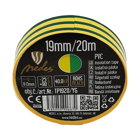 Szigetelőszalag (19mm/20 méter) sárga-zöld - villanyszerelési segédanyag