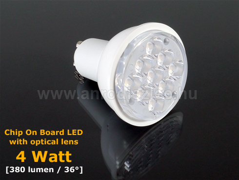 LED lámpa GU10 (COB2835x9/4W/36°) meleg fehér Lencsés