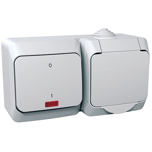 Cedar Plus 2P+F csatlakozóaljzat, csapfedeles, kétpólusú jelzőfényes kapcsolóval, IP44, fehér