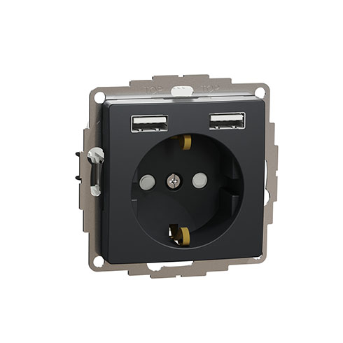 Sedna Design 2P+F csatlakozóaljzat, BZS, kettős USB töltővel, rugós, 16A/2.4A, antracit