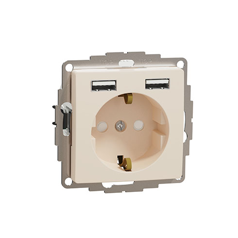 Sedna Design 2P+F csatlakozóaljzat, BZS, kettős USB töltővel, rugós, 16A/2.4A, bézs