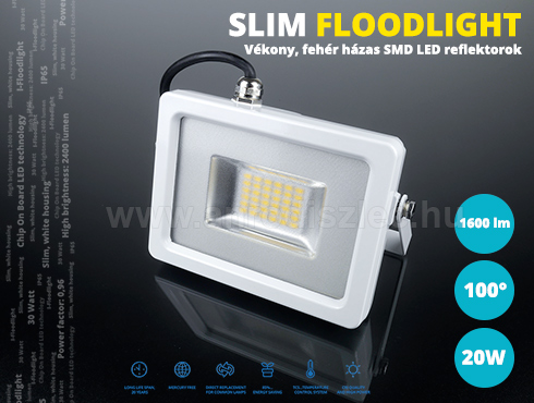 Slim LED reflektor (20W/100°) Fehér ház, Hideg fényű