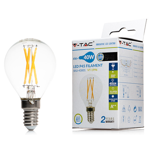 E14 LED izzó Retro filament (4W/300°) Kisgömb - meleg fehér (Cross)