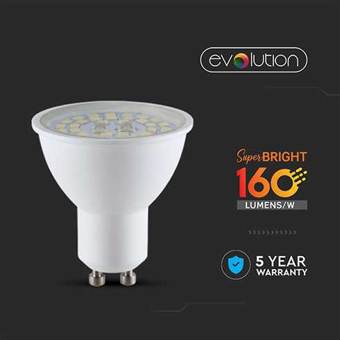 LED lámpa GU10 (5W/110°) - evolution series, 160lm/Watt - hideg fehér