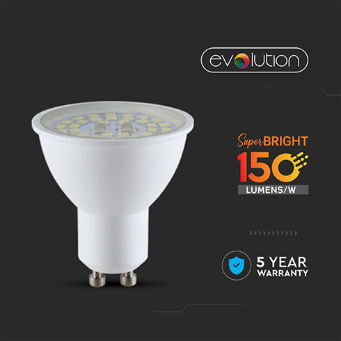 LED lámpa GU10 (5W/110°) - evolution series, 150lm/Watt - meleg fehér