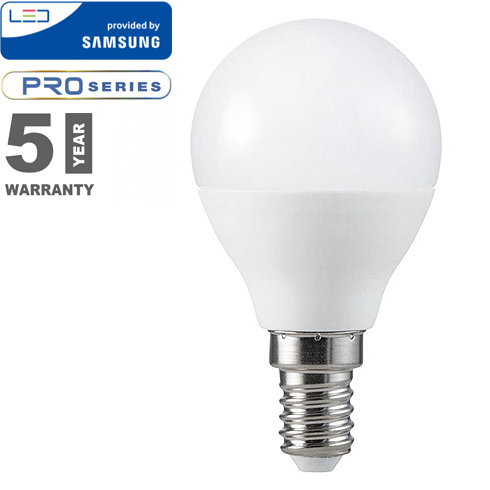 E14 LED lámpa (4.5W/180°) Kisgömb - hideg fehér, PRO Samsung