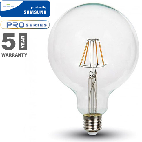 E27 LED izzó Retro filament (6W/300°) G125 - meleg fehér, PRO Samsung