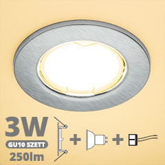 LED szpot szett: mattkróm keret + 3 Wattos, meleg fehér GU10 LED lámpa + GU10 csatlakozó (kettesével rendelhető)