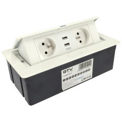 Süllyeszthető rejtett elosztó, téglalap alakú (francia szabványú 2-es, 2 USB) fehér