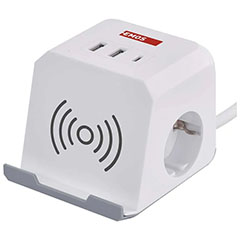 Kocka elosztó 2 darab aljzattal, 2 USB + 1 USB-C, vezetéknélküli telefon töltővel, 2 m vezetékkel