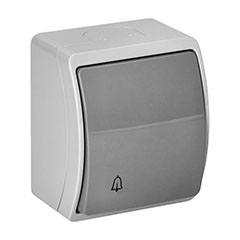 Nyomógomb, csengőjellel, falon kívüli (10A/230V), IP44, szürle