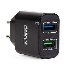 USB töltő, hálózati adapter  2 x USB A (5V/2.4A) - Fekete