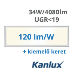 LED panel (1200 x 300mm) 34W/4080Lm - természetes fehér 90° (Blingo - Backlite panel), UGR<19 + kiemelő keret