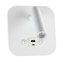 Oldalfali LED olvasólámpa (8W - 3000K) négyzet alakú, fehér, kapcsolóval, CREE LED, USB töltővel