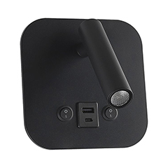 Oldalfali LED olvasólámpa (8W - 3000K) négyzet alakú, fekete, kapcsolóval, CREE LED, USB töltővel