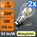 LED lámpa E27 (6W/300°) izzószálas, üveg, meleg COG (2 db)