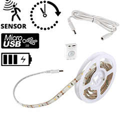 Akkus LED szalag szett mozgásérzékelővel, 100 cm melegfehér (micro USB-ről tölthető)