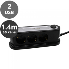 Asztali 3-as elosztó (3 földelt + 2 USB) fekete - 1.4 m vezetékkel