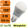 LED lámpa E27 (PowerLED/8W/120°) meleg fehér -KL