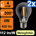 LED lámpa E27 (4W/300°) izzószálas, üveg, meleg f. (2 db)