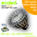Prémium Cree LED: Ecoled MR16 (3W/140 lumen) WW