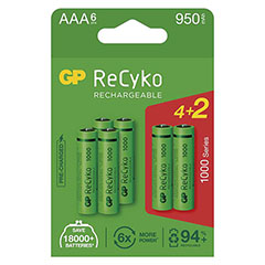 GP ReCyko NiMH - tölthető AAA ceruza elem, 1000 mAh (4 db + 2 db)