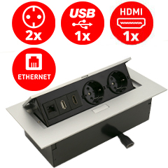 Süllyeszthető rejtett elosztó, négyzet (2-es, 1 HDMI, 1 USB, Ethernet) alumínium
