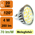 LED lámpa MR16 (SMD5050x20/4W/120°) meleg fehér