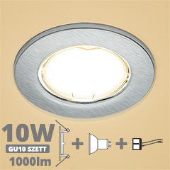 LED szpot szett: mattkróm keret + 9.5 Wattos, meleg fehér GU10 LED lámpa + GU10 csatlakozó (kettesével rendelhető)