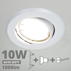 LED szpot szett: fehér bill. keret + 10 Wattos, természetes fehér GU10 LED lámpa + GU10 csatlakozó (kettesével rendelhető)