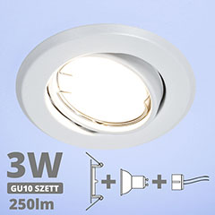 LED szpot szett: fehér bill. keret + 3 Wattos, hideg fehér GU10 LED lámpa + GU10 csatlakozó (kettesével rendelhető)