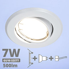 LED szpot szett: fehér bill. keret + 7 Wattos, hideg fehér GU10 LED lámpa + GU10 csatlakozó (kettesével rendelhető)