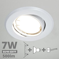 LED szpot szett: fehér bill. keret + 7 Wattos, természetes fehér GU10 LED lámpa + GU10 csatlakozó (kettesével rendelhető)